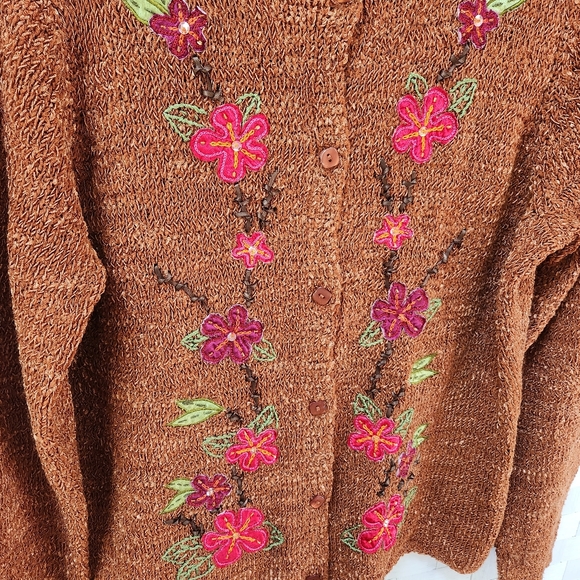 Vintage J.H. Collectibles Brown Burnt Orange Floral Cardigan Women's Large - Picture 3 of 5